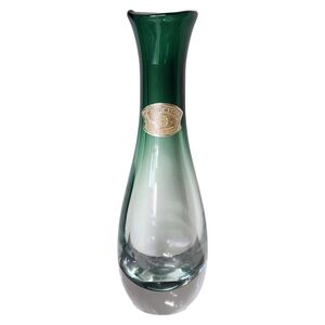 SIGNED Val St Lambert Crystal EMERALD GREEM GRADIENT OMBRE Original Sticker 9.5"
